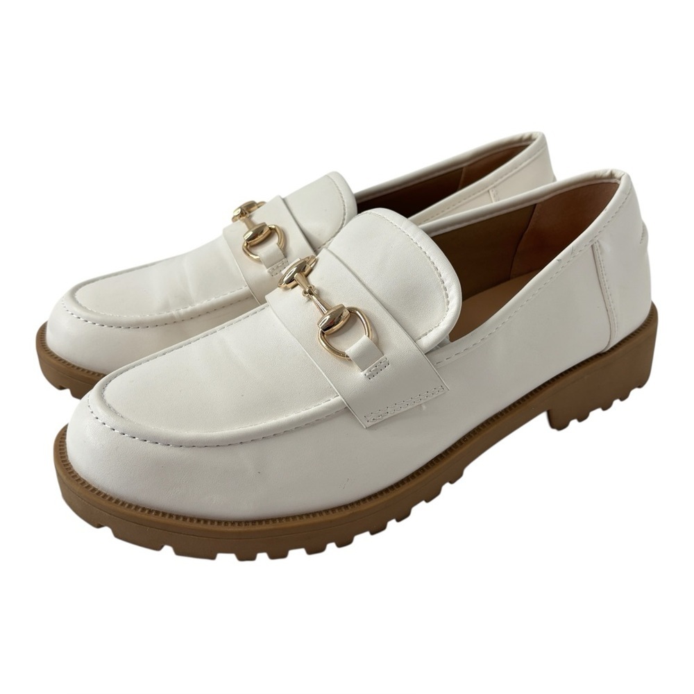 Sincerely Jules Romeo Loafer Size 9.5 Cream Vegan Leather Classic Gold Horsebit